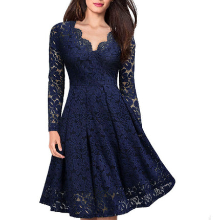 Women Dresses V-Neck Off Shoulder Lace Evening Party Dress Long Sleeve Dress Spring Autumn Vestido Invierno Mujer