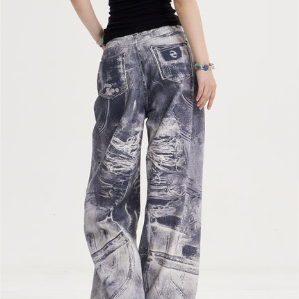 American Style Retro Washed Distressed Printed Gradient Jeans Women's Loose Straight