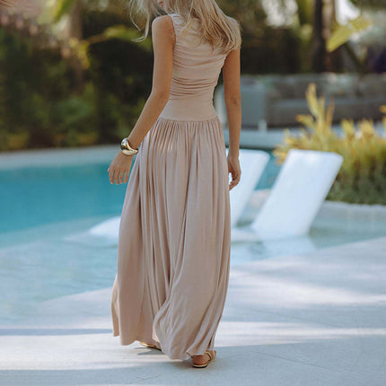 Womens Sleeveless Maxi Long Dress Summer Crew Neck Ruched Pleated Flowy Dress