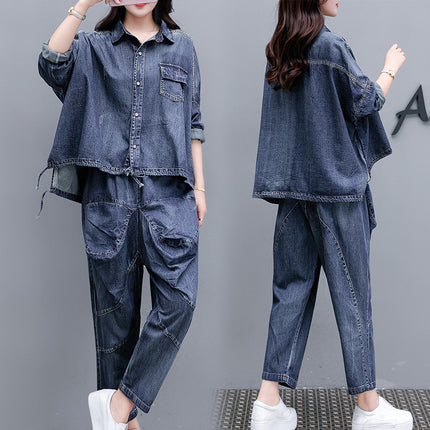 Loose Plus Size Distressed Denim Harem Pants Two-piece Women