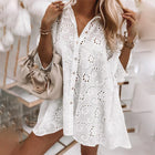 Women's Floral Eyelet Embroidery Collared Half Sleeve Blouses Button Down Casual Shirts