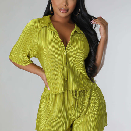 Casual Pleated Short-sleeved Shorts Two-piece Set