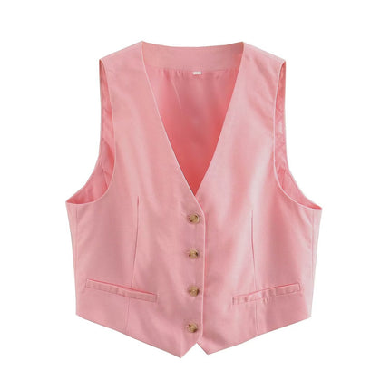 Women's Waistcoat Vest Linen Blended Casual Shorts Suit Women