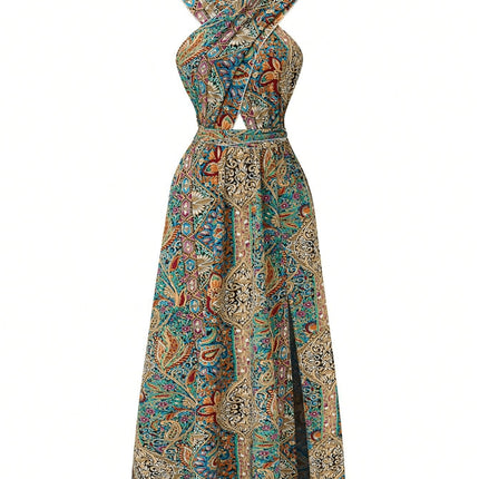 Women Print Maxi Dress High Waisted Cross Halter Neck With Tie Detail,Flowing Vacation Gown In Teal, Blue-Green & Brown Paisley   Pattern, Machine Washable, Summer Fashion Decorative Tie Detail