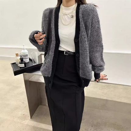 Women's Wool Contrast Color Knitted Sweater Cardigan V-neck
