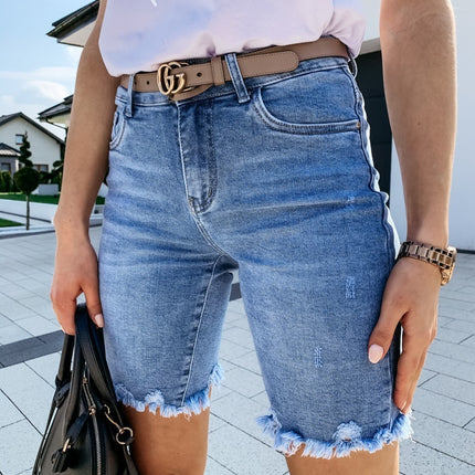 Summer New Style Denim Ripped Five-Point Pants Fashion Fringed Jeans Women