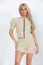 Front Pocket Zip Up Suit Ribbed Hooded Lounge Wear Short Set