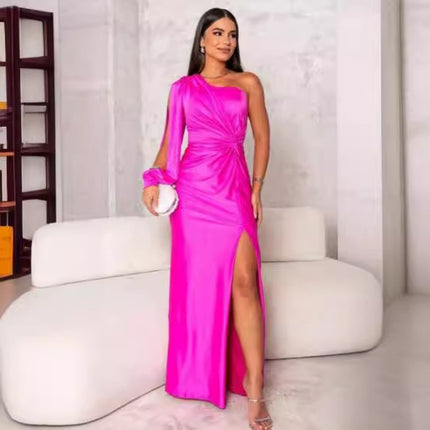 Women's One-shoulder Split Dress Ins Fashion Long-sleeved Slim Long Dresses Party Evening Clothing