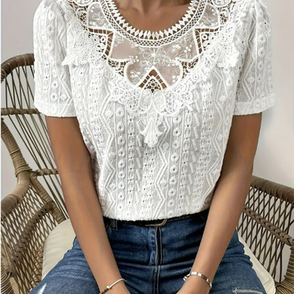 Lace Stitching Hollow Round Neck Solid Color Short Sleeve