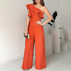 Women Summer Dressy Jumpsuits Sleeveless Ruffle One Shoulder Casual Wide Leg Pants Romper