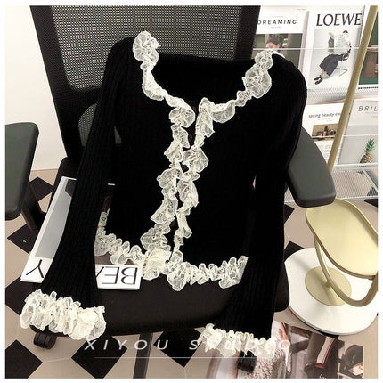Women Lace Patchwork Black Fungus Edge Knitted Cardigan Jacket