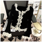 Women Lace Patchwork Black Fungus Edge Knitted Cardigan Jacket
