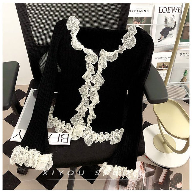 Women Lace Patchwork Black Fungus Edge Knitted Cardigan Jacket