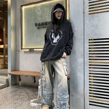 Street Work Design Jeans Pocket Stitching Wide-leg Pants Women