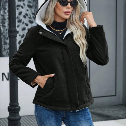 Women's Plain Zipper Front Hooded Fleece Casual Padded Padded Coat
