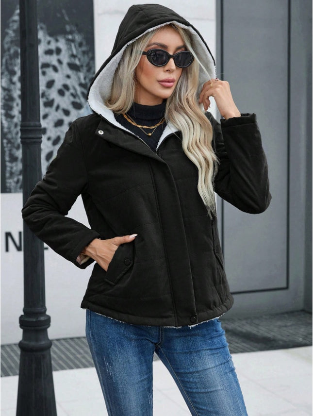 Women's Plain Zipper Front Hooded Fleece Casual Padded Padded Coat