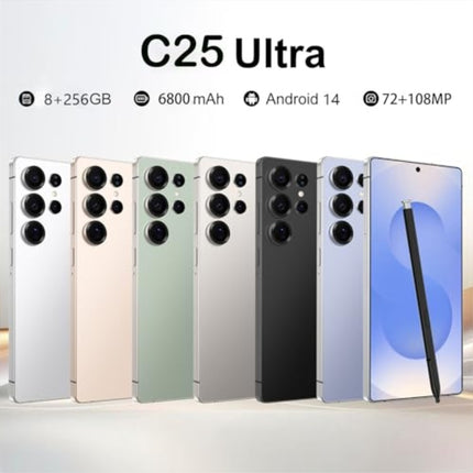 C25 Ultra Unlocked Phone,5G Smartphone 8GB 256GB 7.3-inch Android 14 Cell Phone 6800mAh Large Battery Dual SIM Face GPS