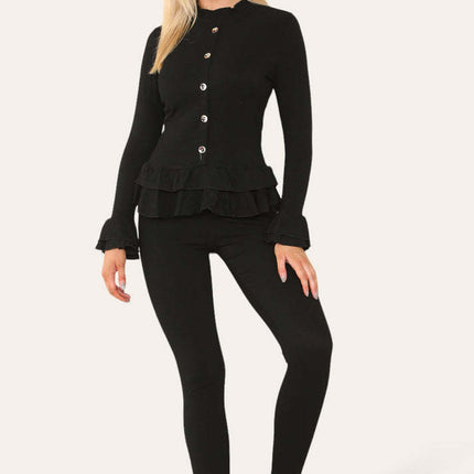 Long Sleeves Peplum Front Buttons Frilled Hem Lounge Wear Set