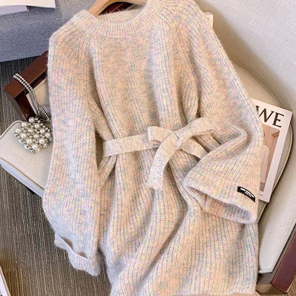 Plus Size Round Neck Sweater Autumn Women Clothing Idle Style Chubby Slimming Mid-length Waist Tight Pullover Sweater
