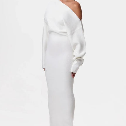 Ins Slim Long Sleeve Knitted Dress Evening Party Sexy Off-shoulder Bodycon Long Dresses