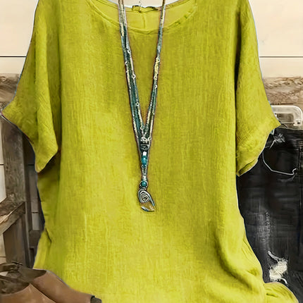 Women Fashion Casual Shirts Solid Color 3 4 Sleeve Round Neck Blouses Summer Loose Tops Streetwear