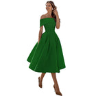 Women's Fashion Casual Strapless Satin Party Dress Off The Shoulder Tea Length Satin Prom Dresses With Pockts Formal Evening Party Dress