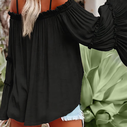 Women'S One Shoulder Elegant And Fashionable Solid Color Off Shoulder Flared Sleeve Shirt For Vacation And Casual Wear
