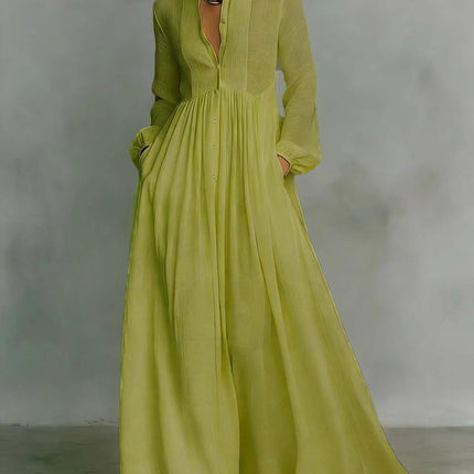 French-style Long-sleeve Pleated Dress For Women