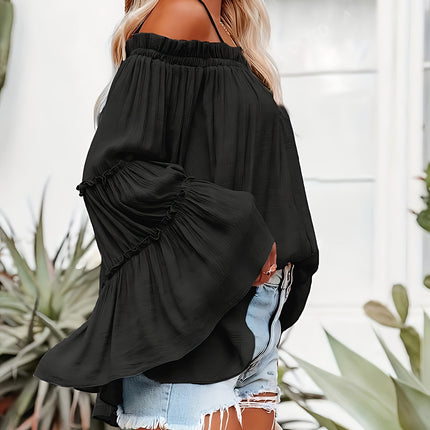 Women'S One Shoulder Elegant And Fashionable Solid Color Off Shoulder Flared Sleeve Shirt For Vacation And Casual Wear