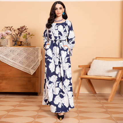Elegant Style Round Neck Color Contrast Flowers Belt Flared Sleeve Long Dresses