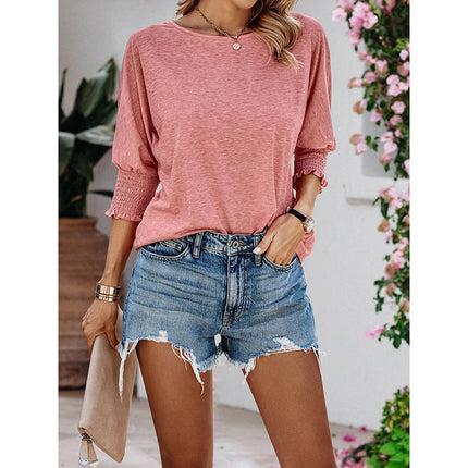 Womens Loose Fit Round Neck Smocked Cuffs Shirts Casual Solid Color Blouses