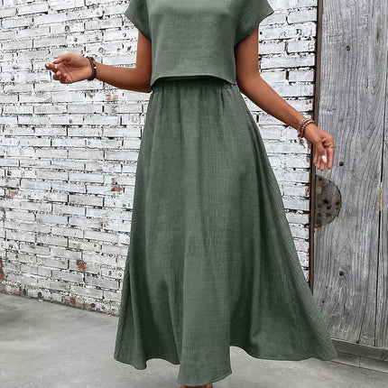2 Piece Set Women's Solid Color Short Sleeve Top And Casual A- Line Dress Suit