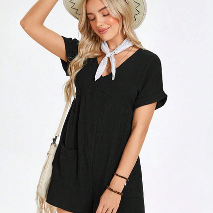 Batwing Sleeve Pocket Patched Romper
