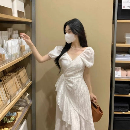 V-neck Dress Degrees Women's Waist Irregular Ruffled