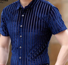 Short Sleeve Hollow Men's Shirt Flocking Embroidered Shirt