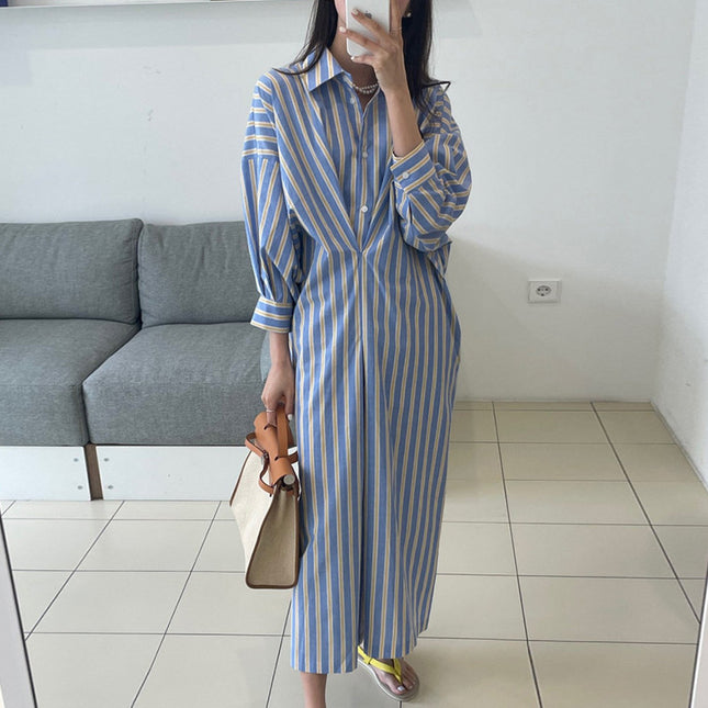 Contrast Color Striped Pleated Design Loose Casual Long Sleeves Shirt Dress