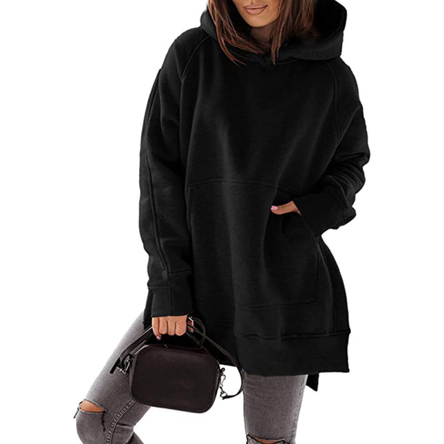 Long-sleeved Round Neck Fleece Sweatshirt Solid Color Pocket Loose Hooded Long-sleeved Sweatshirt