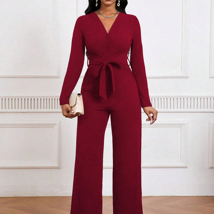 Simple And Stylish, Elegant Commuting Jumpsuit, Long Sleeve Straight Jumpsuit, V-neck, Cross Pleated, Tie-up Casual Jumpsuit, For Everyday Wear.