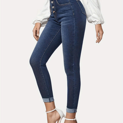 Contrast Color Slim Fit Stretch Rolled Hem Cropped Jeans