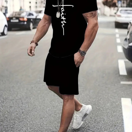 Casual Sports Suit Round Neck Short Sleeve 3d Digital Printing Design Two-piece Set