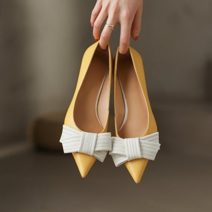 Genuine Leather French Retro Plus Size All-match Bow Pointed Toe Low-cut Shoes Women