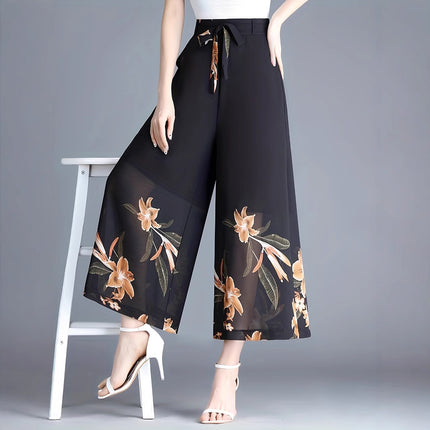 910-length Plus-size Figure-flattering Womens Flowy High-waisted Chiffon Wide-leg Pants