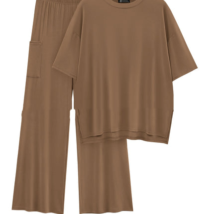 Casual Short Sleeve Pullover Top Wide Leg Pants Casual Suit
