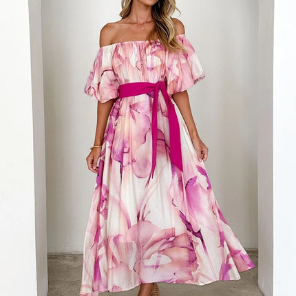 European American Summer New Temperament Shoulder Waist Puff Sleeve Printed Large Swing Dress