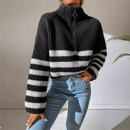 New Striped Contrast Color Stand-up Collar Knitted Pullover Sweater Outerwear Women