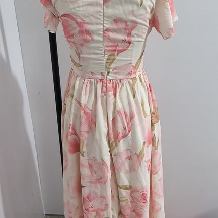 Short Sleeve V-neck Digital Printed Long Skirt Elastic Waist