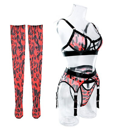 Wild Leopard Print Mesh Hollow Lingerie Stockings Sexy Lingerie Set