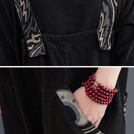 Retro Casual Patchwork Design Jeans Suspenders Wide Leg Pants For Women