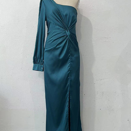 Women's One-shoulder Split Dress Ins Fashion Long-sleeved Slim Long Dresses Party Evening Clothing