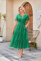 V-neck Hollow Pleated Short Sleeves Long Dress
